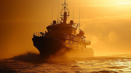 Fototapeta premium Silhouette of a ship sailing at sunset.