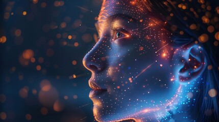 High resolution conceptual depiction of brand reputation shown as customers glowing face 