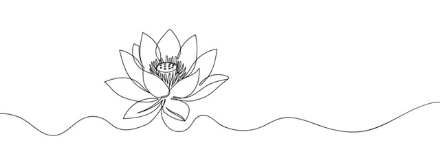 Single line, continuous, lotus flower line art vector illustration with transparent background editable stroke.