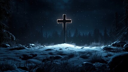Beautifully detailed snowy meadow with a glowing wooden cross at the center.