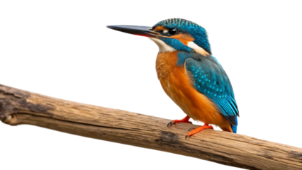 Single kingfisher bird perched gracefully on a single wooden branch isolated on white background. Suitable for marketing or business purposes. PNG file