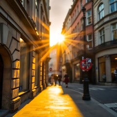 Fototapeta premium Sunset illuminating a city street.