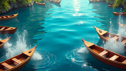 Obraz premium Traditional Thai boats and water splashes border frame with cultural copy space for Songkran concept as Elegant traditional Thai boats and lively water splashes framing cultural space for Songkran mes