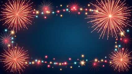 Fireworks and patriotic stars border frame with dynamic copy space for Independence Day concept as Explosive fireworks and bold patriotic stars framing dynamic space for Independence Day messages in  