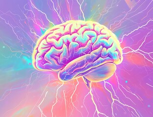 Vibrant brain in energetic electric storm background
