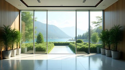 Fototapeta premium Modern Lobby Design: Large Glass Windows, Lush Greenery, Polished Flooring & Scenic Outdoor Views - Perfect Photo Stock Concept with Empty Space for Customization