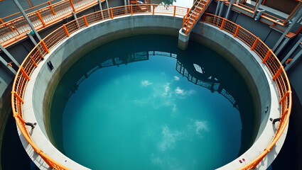Large circular water tank with bright orange railings and clear blue water in industrial setting focused on water treatment. concept as Large circular water tank with bright orange railings and clear 