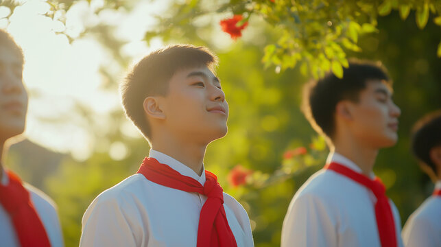 Vibrant red scarf with golden embroidery symbolizes youth and hope, evoking warmth and inspiration.