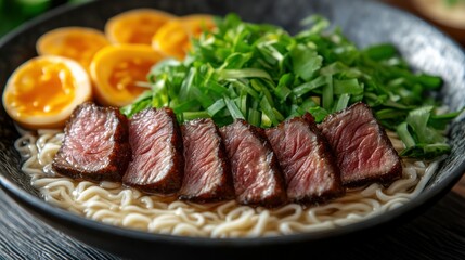 Obraz premium Delicious bowl of ramen with sliced beef and soft-boiled eggs