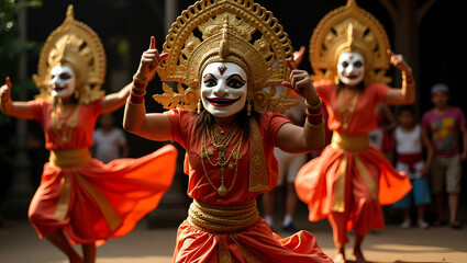 Fototapeta premium Flat Thailands traditional masked Khon performers dancing showcasing cultural heritage and artistic expression. concept as Traditional masked Khon performers dance in Thailand showcasing cultural heri