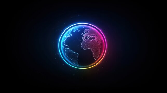 Colorful digital rendering of the planet Earth with pride flag colors shining across continents.