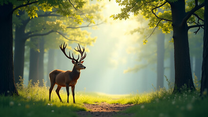 Deer and forest path border frame with copy space for World Wildlife Day habitat conservation concept as Deer and forest path elements creating a border with copy space for habitat conservation on Wor