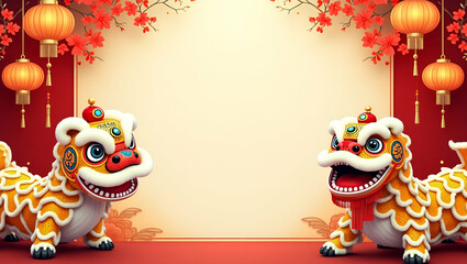 Energetic Lion Dance and Vibrant Chinese Lanterns Frame Dynamic Space for Chinese New Year Celebrations - Perfect Stock Photo Concept for Festive Designs