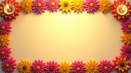 Obraz premium Intricate Rangoli Patterns and Glowing Lotus Flowers Frame for Diwali Messages - Artistic Stock Photo