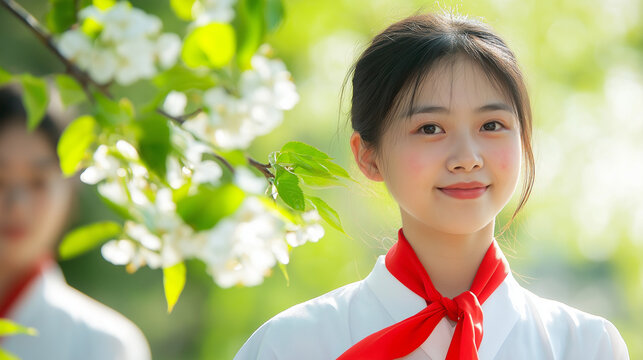 Vibrant red scarf with golden embroidery symbolizes youth and hope, evoking warmth and inspiration.