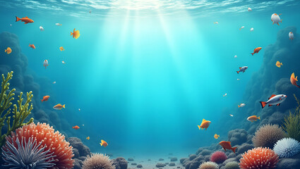 Fototapeta na wymiar Diverse Marine Life and Plastic Waste Frame for Ocean Cleanup: World Environment Day Concept with Copy Space for Environmental Awareness in Photo Stock