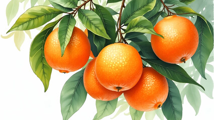 Stunning Watercolor Painting of Orange Tree in Full Bloom with Juicy Oranges & Lush Green Leaves
