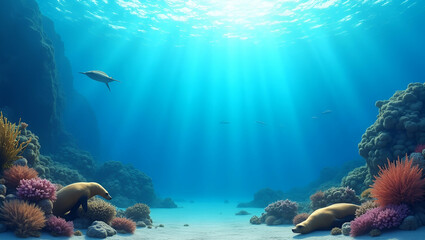 Fototapeta premium Vibrant Coral Reefs and Majestic Sea Lions: A Stunning Border Frame for Marine Protection Copy Space Celebrating World Oceans Day in Photo Stock Concept