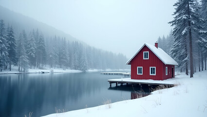 Fototapeta premium Serene Red Cabin by Tranquil Lake: A Peaceful Winter Scene Illustration