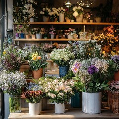 Fototapeta premium flower shop counter with a vibrant display of roses, tulips, and sunflowers