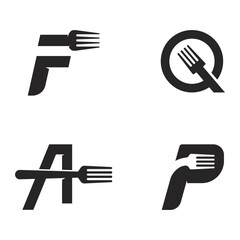 sign of q, f, a, p letter combined with fork logo vector icon illustration