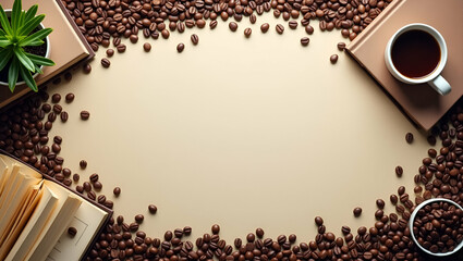 Coffee and books cozy study border with copy space for International Coffee Day educational materials concept as Cozy study scene with coffee and books forming a border with copy space for Internation