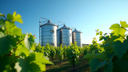 Fototapeta premium Flat Metallic Fermentation Tanks Amidst Lush Green Grape Leaves: A Symbol of Winemaking Harmony Under a Bright Blue Sky - Cute Vector Illustration for Smart Business