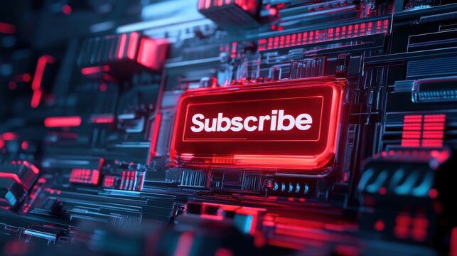 Futuristic digital "Subscribe" button glowing in red, long exposure motion effect, vibrant video end screen