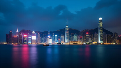 Obraz premium Hong Kong cityscape of Victoria Harbour captured in time lapse showcasing vibrant Hong Kong China urban skyline and harbor activity. concept as Hong Kong cityscape of Victoria Harbour captured in time
