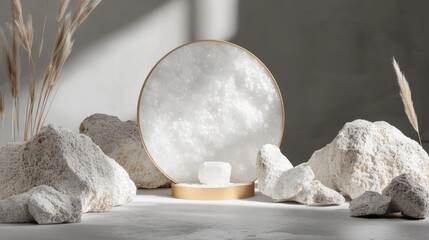 Abstract display, white stones, golden circle, sunlight
