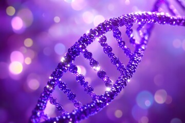 Obraz premium A purple DNA double helix molecule, blurred purple glowing background with bokeh light effects, soft lighting, technological and dreamy atmosphere