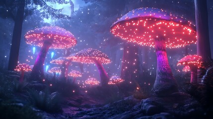 Psychedelic mushroom forest with fairy lights for a trippy music visualizer full of vibrant energy