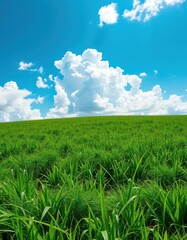 Obraz premium Vibrant green meadow under a bright blue sky dotted with fluffy white clouds, scenic, peaceful