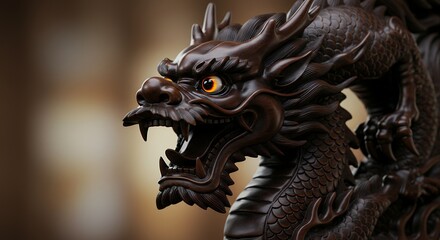 Fototapeta premium Carved Wooden Dragon Statue Detailed Craftsmanship with Intense Expression