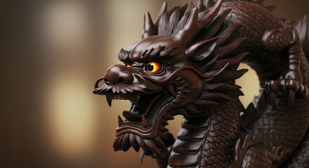 Carved Wood Dragon Figurine Detail with Intricate Scales and Amber Eyes