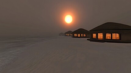 Several beach huts illuminated by the setting sun on the water
