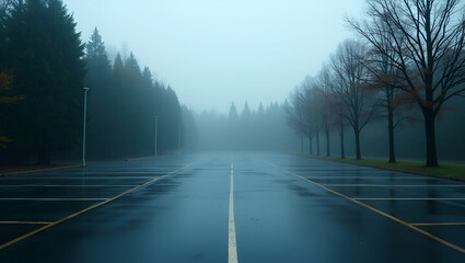 Serene and Moody: Flat Empty Parking Lot Under Rain with Misty Trees - Vector Illustration