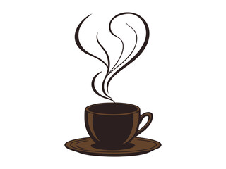 Silhouetted Vector of a Coffee Cup with Steam Forming a Heart - Romantic Coffee Icon, Love Coffee Design, Steamy Hot Beverage Illustration, Cafe Logo, Black and White Vector on White Background