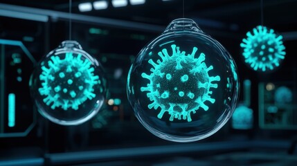 Mutating virus cells suspended in protective bubbles against a futuristic, clinical backdrop.