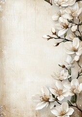 Vintage magnolia flowers border on aged paper