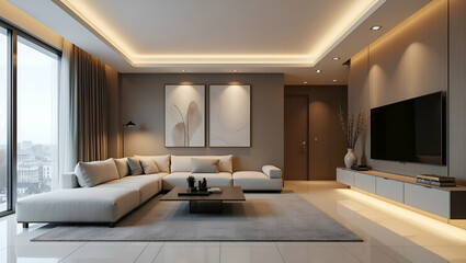 Fototapeta premium Serene Minimalist Living Room Design: Elegant Beige & Gray Tones with Sleek Furniture & Soft Lighting