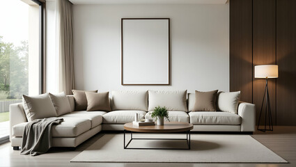 Fototapeta premium Sofa arranged in room with picture frame on wall highlighting comfortable and stylish home living space. concept as Sofa arranged in room with picture frame on wall highlighting comfortable and stylis