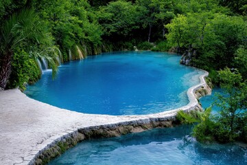 Fototapeta premium landscape popular serene A serene natural pool surrounded by lush greenery and gentle flowing waterfalls.