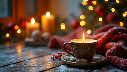 Obraz premium Cozy Winter Scene with Festive Decorations & Warm Drink: Perfect for Holiday Marketing & Lifestyle Themes