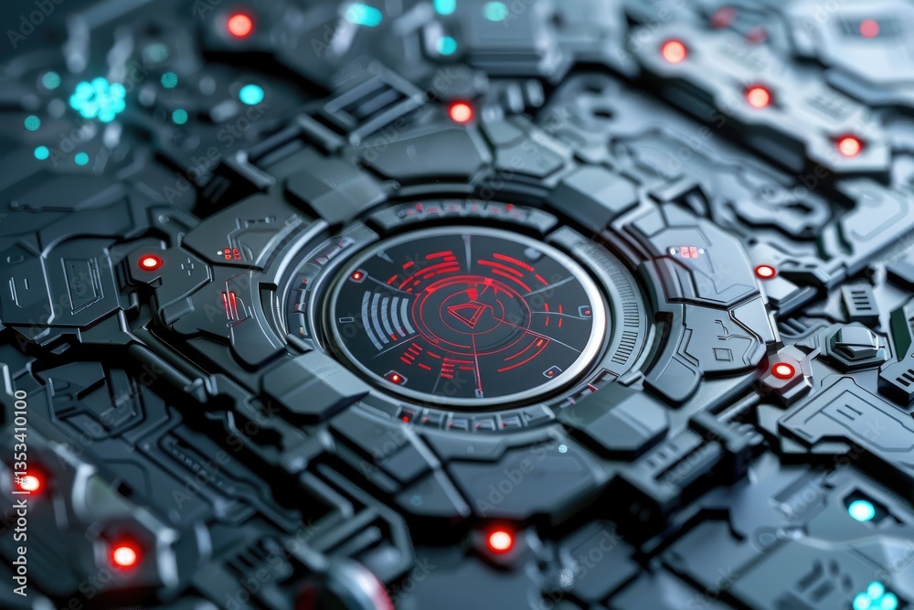 Wall mural detailed view showing mechanical metallic circular technological interface panel