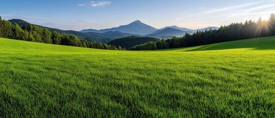 Fototapeta premium landscape popular serene A serene view of lush green fields and distant mountains under a clear blue sky.