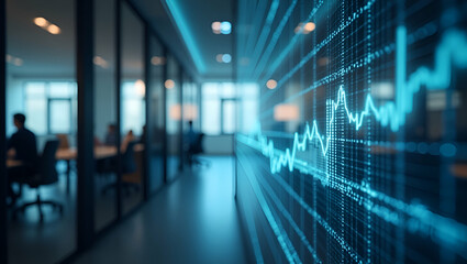 Abstract Virtual Financial Graph Hologram on Blurry Office Building Background for Forex Investment