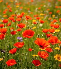Obraz premium Crimson poppies scattered across a sun-drenched wildflower meadow, botany, meadow flowers