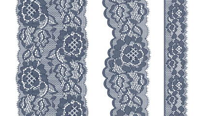 Three strips of dark blue lace with hollow jacquard big flower motifs, each with a distinct width