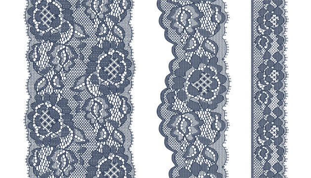 Three strips of dark blue lace with hollow jacquard big flower motifs, each with a distinct width